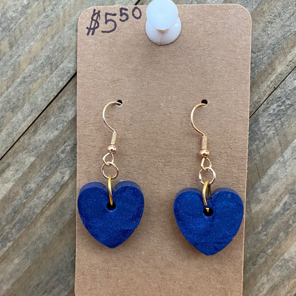 Sparkly Navy Blue Heart Shaped Dangle Earrings